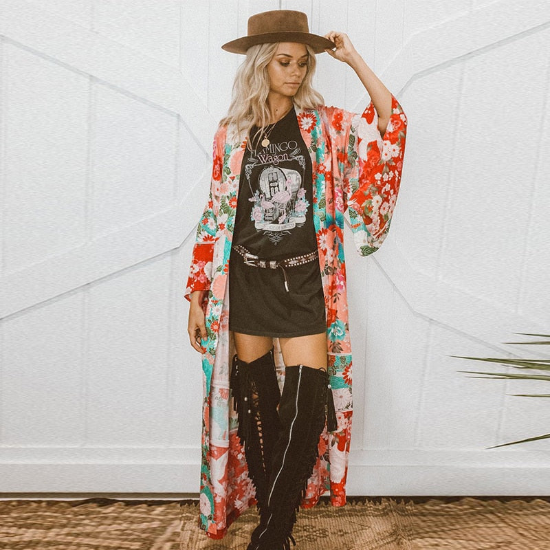 Long Floral Kimono Cardigan